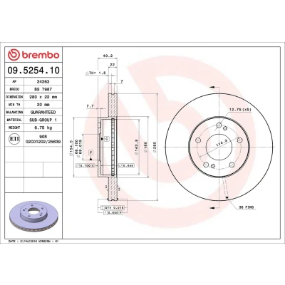 Imagem de BREMBO 09.5254.10 Disco de travão 280 22 5 interior ventilado