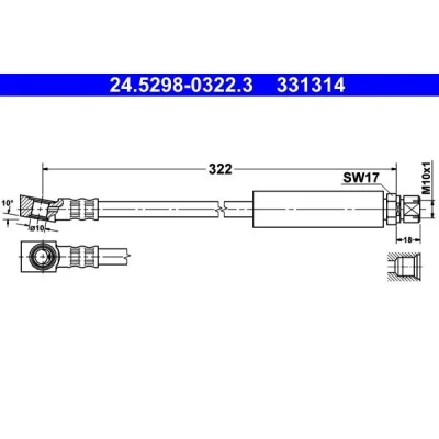 Imagem de ATE 24.5298 0322.3 Mangueira de Travão 322mm M10x1mm OPEL: Vectra A CC, Calibra A, Astra F CC