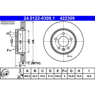 Imagem de ATE 24.0122 0309.1 Disco de travão 300,0 22,0 5 120,0 ventilado revestido ligado/alto carbono com parafusos VOLKSWAGEN: Crafter Van, Amarok Pick up