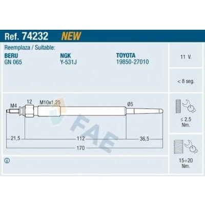 Imagem de FAE 74232 Vela incandescente 11V M 10x1,25 TOYOTA: Corolla IX Hatchback, Verso, Avensis I Sedan