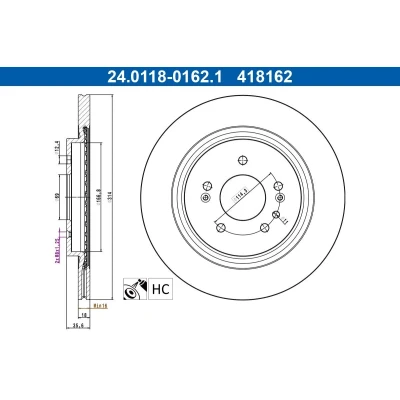 Imagem de ATE Disco de travão 314,0mm 18,0mm 5 114,3mm ventilado revestido alto carbono 24.0118 0162.1 Discos
