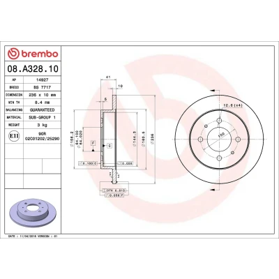 Imagem de BREMBO 08.A328.10 Disco de travão 236 10 4 cheio MITSUBISHI: Carisma Hatchback, Lancer 6 Limousine, Sedan