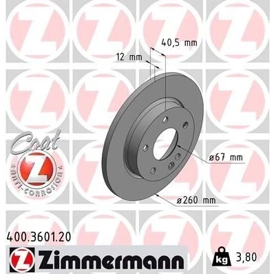 Imagem de ZIMMERMANN COAT Z 400.3601.20 Disco de travão 260 12 6/5 5 112 cheio revestido MERCEDES BENZ: Classe A