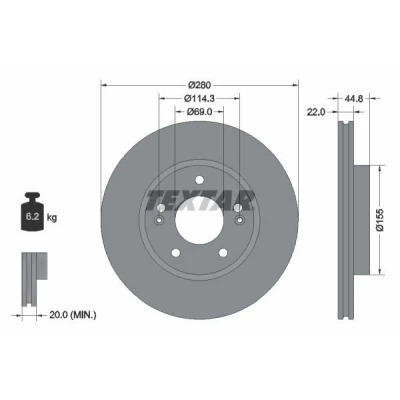Imagem de TEXTAR 92314703 Disco de travão 280 22 05/07 114,3 interior ventilado revestido sem pernos fixação da roda, cubo roda HYUNDAI: Ioniq