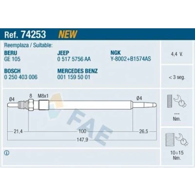 Imagem de FAE 74253 Vela incandescente 4,4V M 8x1 MERCEDES BENZ: Classe E Sedan, C T modell, CHRYSLER: 300C Touring