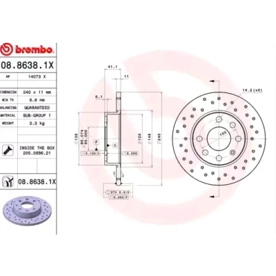 Imagem de BREMBO XTRA LINE 08.8638.1X Disco de travão 240 11 4 cheio, perfurado revestido com parafusos OPEL: Corsa C Hatchback, С Van