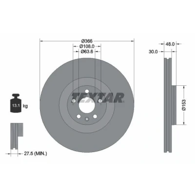 Imagem de TEXTAR 92308905 Disco de travão 366 30 05/06 108 interior ventilado revestido alto carbono sem pernos fixação da roda, cubo roda