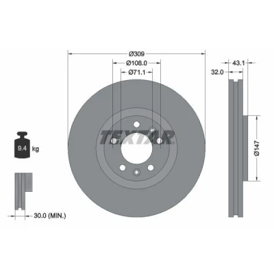 Imagem de TEXTAR 92111900 Disco de travão 309 32 05/07 108 interior ventilado sem pernos fixação da roda, cubo roda PEUGEOT: 607 Sedan