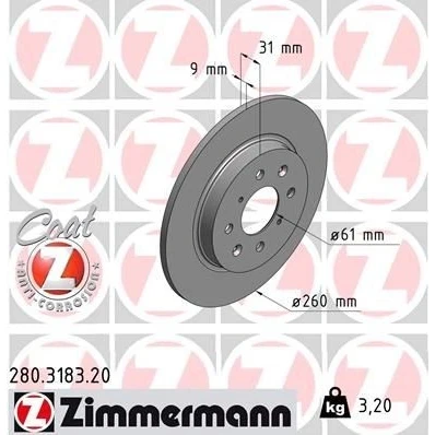 Imagem de ZIMMERMANN COAT Z 280.3183.20 Disco de travão 260 9 8/4 4 100 cheio revestido HONDA: Jazz 3, Insight II Hatchback