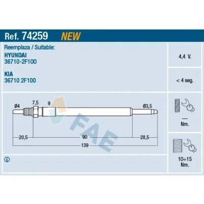 Imagem de FAE 74259 Vela incandescente 4,4V M 10x1.25 HYUNDAI: SANTA FE 2, 3