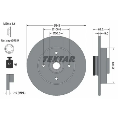 Imagem de TEXTAR PRO 92202103 Disco de travão 249 9 04/04 108 cheio revestido com anel sensor magnético integrado, o rolamento da roda PEUGEOT: 307 SW