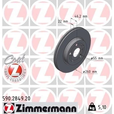 Imagem de ZIMMERMANN 590.2849.20 Disco de travão 260 22 7/5 5 100 interior ventilado revestido