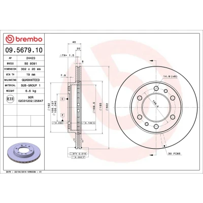 Imagem de BREMBO 09.5679.10 Disco de travão 302 20 6 interior ventilado TOYOTA: Land Cruiser Prado 70 SUV, SUV Cabrio