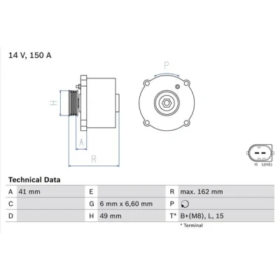 Imagem de BOSCH 0 986 041 750 Alternador 14V 150A BMW: 5 Sedan, X5, 7, LAND ROVER: Range Rover 3