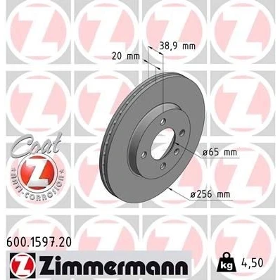 Imagem de ZIMMERMANN COAT Z 600.1597.20 Disco de travão 256 20 5/4 4 100 interior ventilado revestido VOLKSWAGEN: GOLF 3, Polo III Hatchback, 2