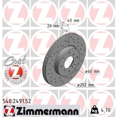 Imagem de ZIMMERMANN SPORT COAT Z 540.2491.52 Disco de travão 252 20 8/4 4 100 interior ventilado, perfurado revestido SUZUKI: SWIFT 3, OPEL: Agila B