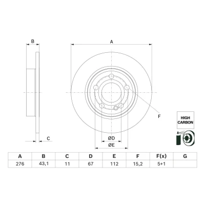Imagem de BOSCH Disco de travão MERCEDES BENZ: Classe A, CLA Shooting Brake, Coupe 276mm 11mm 5 110mm cheio revestido alto carbono 0 986 479 H60 2474230112
