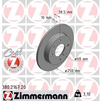 Imagem de ZIMMERMANN COAT Z 380.2167.20 Disco de travão 250 10 6/4 4 114 cheio revestido MITSUBISHI: COLT 6, SMART: Forfour I
