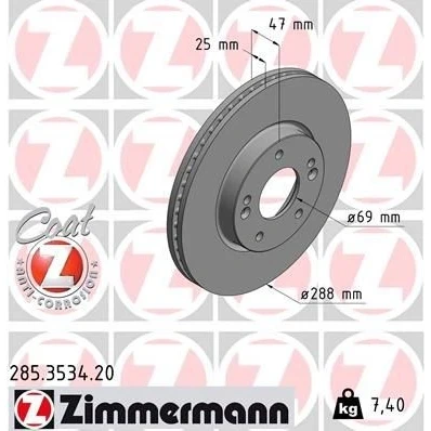 Imagem de ZIMMERMANN 285.3534.20 Disco de travão 288 25 7/5 5 114 interior ventilado revestido HYUNDAI: i30 III Hatchback