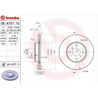 Imagem de BREMBO COATED DISC LINE 09.A707.11 Disco de travão 255 22 4 interior ventilado revestido TOYOTA: Yaris II Hatchback, III iQ