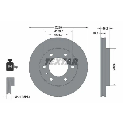 Imagem de TEXTAR Disco de travão MITSUBISHI: PAJERO 4, 3 PRO 290mm 26mm 06/08 139,7mm interior ventilado revestido 92128803 MR407116,MR407289