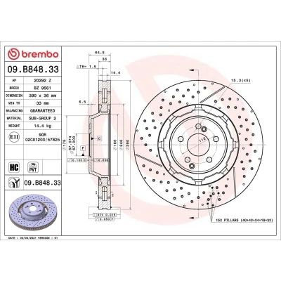 Imagem de BREMBO 09.B848.33 disco de travão 390 36 5 interior ventilado, ranhurado/perfurado, duas peças revestido alto carbono endado,