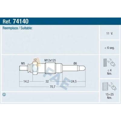 Imagem de FAE 74140 Vela incandescente 11V M 12x1,25 OPEL: Frontera A SUV, Astra G CC, F Caravan, PEUGEOT: 306 Hatchback, Carrinha, 505 Carrinha
