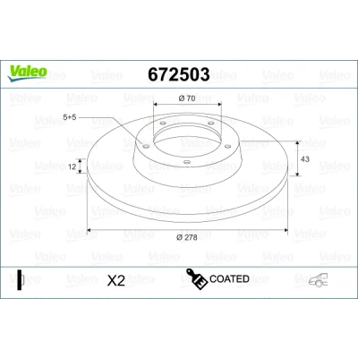 Imagem de VALEO Disco de travão ALFA ROMEO: Brera, 159 Sedan Eixo traseiro 278mm 12mm 5furos cheio revestido 672503 0046843610,46843610,51760273