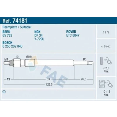 Imagem de FAE 74181 Vela incandescente 11V M 10x1 LAND ROVER: Discovery 1, Defender SUV