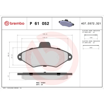 Imagem de BREMBO P 61 052 Jogo de pastilhas para travão disco incl. contacto aviso desgaste sem acessórios CITROËN: Xantia Hatchback, Carrinha