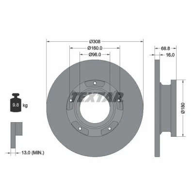 Imagem de TEXTAR PRO 92273903 Disco de travão 308 16 05/05 160 cheio revestido com anel sensor do ABS, sem pernos fixação da roda, cubo roda