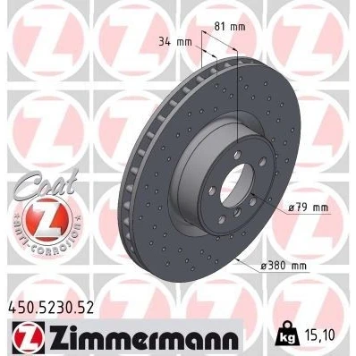 Imagem de ZIMMERMANN Disco de travão LAND ROVER: Range Rover 3 380mm 34mm 6/5 5furos 120mm interior ventilado, perfurado revestido alto carbono 450.5230.52