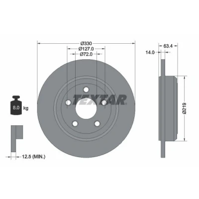 Imagem de TEXTAR PRO 92274703 Disco de travão 330 14 05/05 127 cheio revestido sem o rolamento da roda, pernos fixação cubo roda