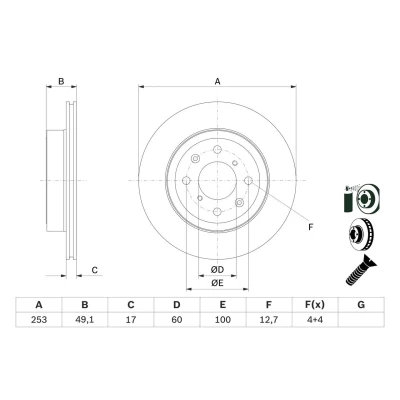 Imagem de BOSCH 0 986 479 E75 Disco de travão 253 17 4 100 ventilado revestido com parafusos SUZUKI: IGNIS 2, Wagon R+ II Hatchback, OPEL: Agila A