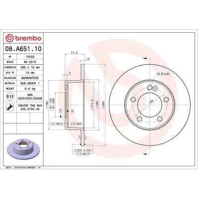 Imagem de BREMBO 08.A651.10 Disco de travão 305 12 5 cheio com parafusos RENAULT: MASTER 3 Kasten, OPEL: Movano B Van
