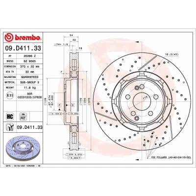 Imagem de BREMBO 09.D411.33 disco de travão 370 32 5 ranhurado/perfurado, duas peças, interior ventilado revestido alto carbono