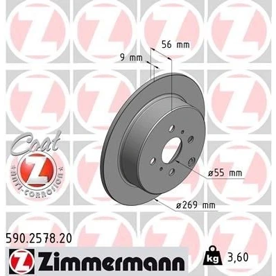 Imagem de ZIMMERMANN Disco de travão TOYOTA: Corolla IX Hatchback, Yaris I Sedan COAT Z 269mm 9mm 7/4 4furos 100mm cheio revestido