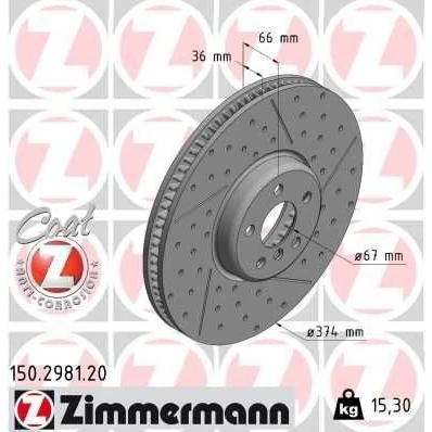 Imagem de ZIMMERMANN 150.2981.20 Disco de travão 374 36 6/5 5 112 interior ventilado, rebaixado, fendido revestido alto carbono