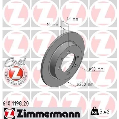 Imagem de ZIMMERMANN COAT Z 610.1198.20 Disco de travão 260 10 6/4 4 114 cheio revestido MITSUBISHI: Space Star, Carisma Hatchback, Sedan, VOLVO: S40 I