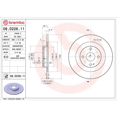 Imagem de BREMBO 08.D226.11 Disco de travão 280 9,5 4 cheio revestido