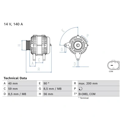 Imagem de BOSCH 0 986 085 040 Alternador 14V 140A AUDI: A1 Hatchback, SEAT: Ibiza 4 Sportcoupe, VOLKSWAGEN: Polo V Hatchback
