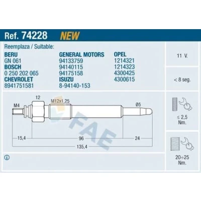 Imagem de FAE 74228 Vela incandescente 11V M 12x1,25 OPEL: Frontera A SUV, Sport SUV Cabrio