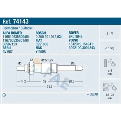 Imagem de FAE 74143 Vela incandescente 11V M12x125