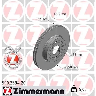 Imagem de ZIMMERMANN Disco de travão TOYOTA: Yaris II Hatchback, III Hatchback COAT Z 258mm 22mm 6/4 4furos 100mm interior ventilado revestido 590.2594.20