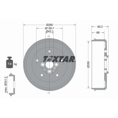 Imagem de TEXTAR 94030600 Tambor de Travão sem o rolamento da roda, pernos fixação cubo roda 280