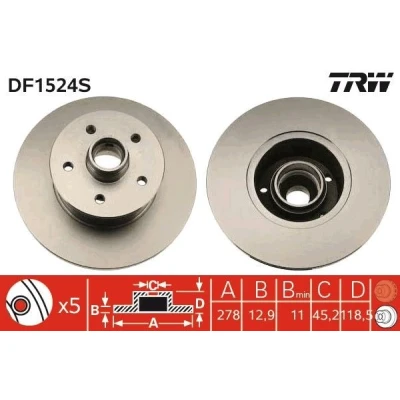 Imagem de TRW DF1524S Disco de travão 278 12,9 5 112 cheio pintado