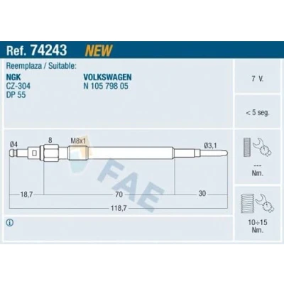 Imagem de FAE 74243 Vela incandescente 7V M 8x1 AUDI: A6 C6 Avant, A4 B7 Sedan, VOLKSWAGEN: Golf 5, Touran I, Passat B6 Variant