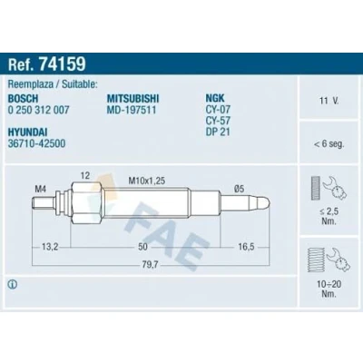 Imagem de FAE 74159 Vela incandescente 11V M 10x1,25 HYUNDAI: GALLOPER 2, H 1 / Starex MPV, Van, MITSUBISHI: L400 L200 II Pick up