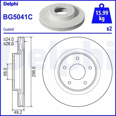 Imagem de DELPHI BG5041C Disco de travão 296 26 5 ventilado revestido não tratado sem o rolamento da roda, anel sensor do ABS