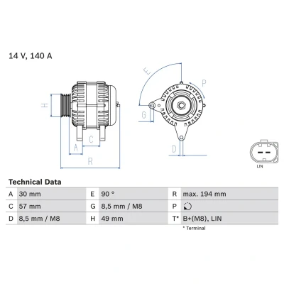 Imagem de BOSCH 0 986 083 170 Alternador 14V 140A SKODA: Octavia 3 Combi, AUDI: A1 Hatchback, SEAT: Ibiza 4 Sportcoupe